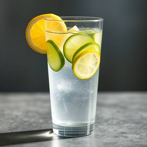 A glass of clear water with slices of lemon and cucumber.