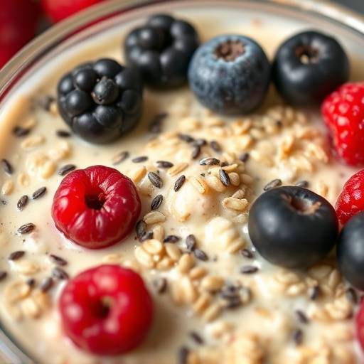 A jar of overnight oats topped with fresh berries and chia seeds.