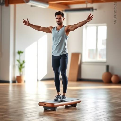 A person performing a balance exercise on a balance board