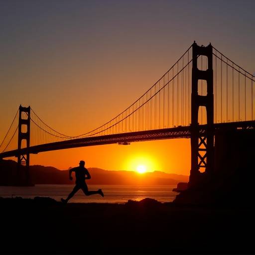 A person running along the Golden Gate Bridge with a beautiful sunrise in the background.
