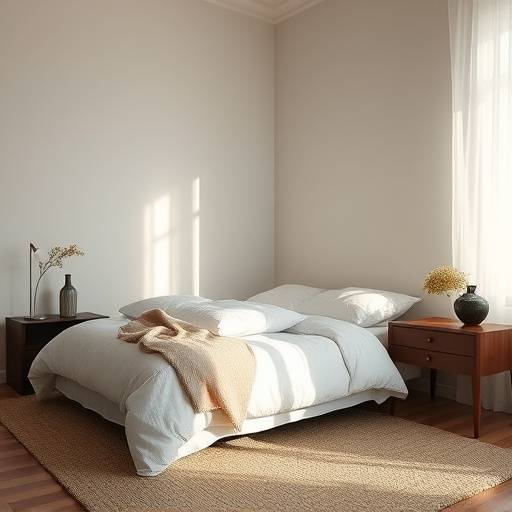 A serene bedroom with soft lighting, promoting restful sleep.