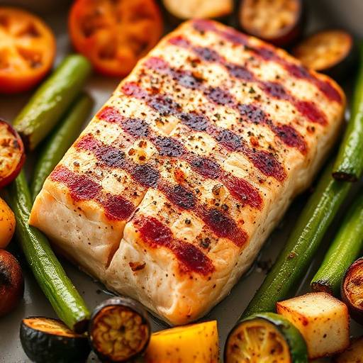 Grilled salmon with a side of colorful roasted vegetables.